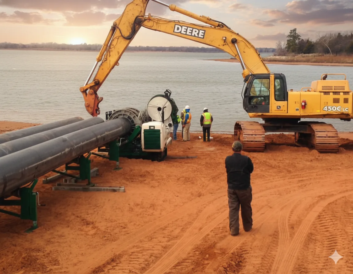 Large excavator and big-diameter pipe staged for a long-distance HDD bore