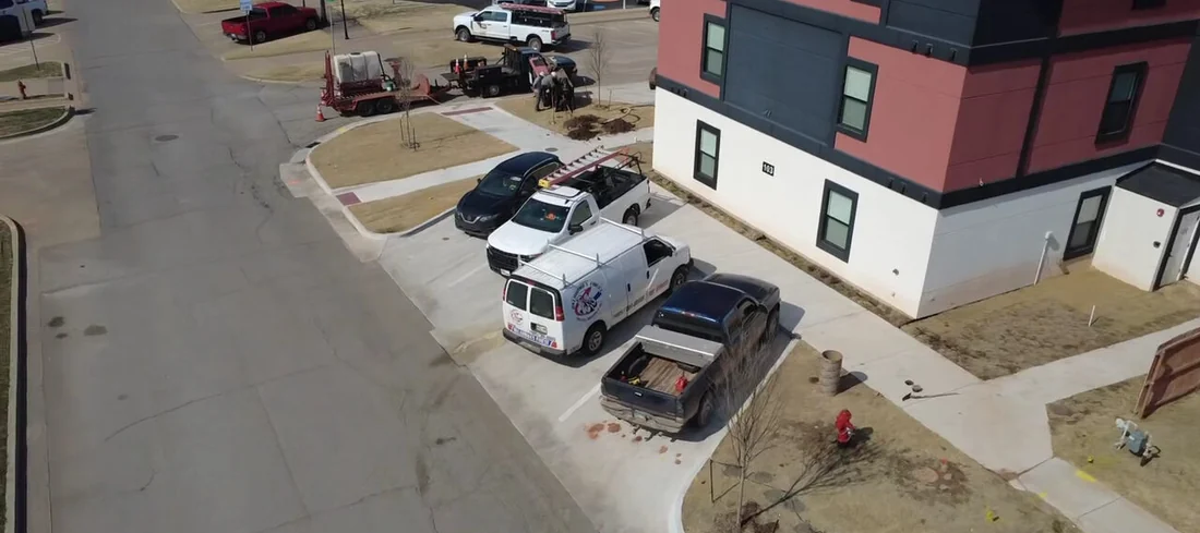 Aerial view of a large multi-building jobsite for a state or federal utility project