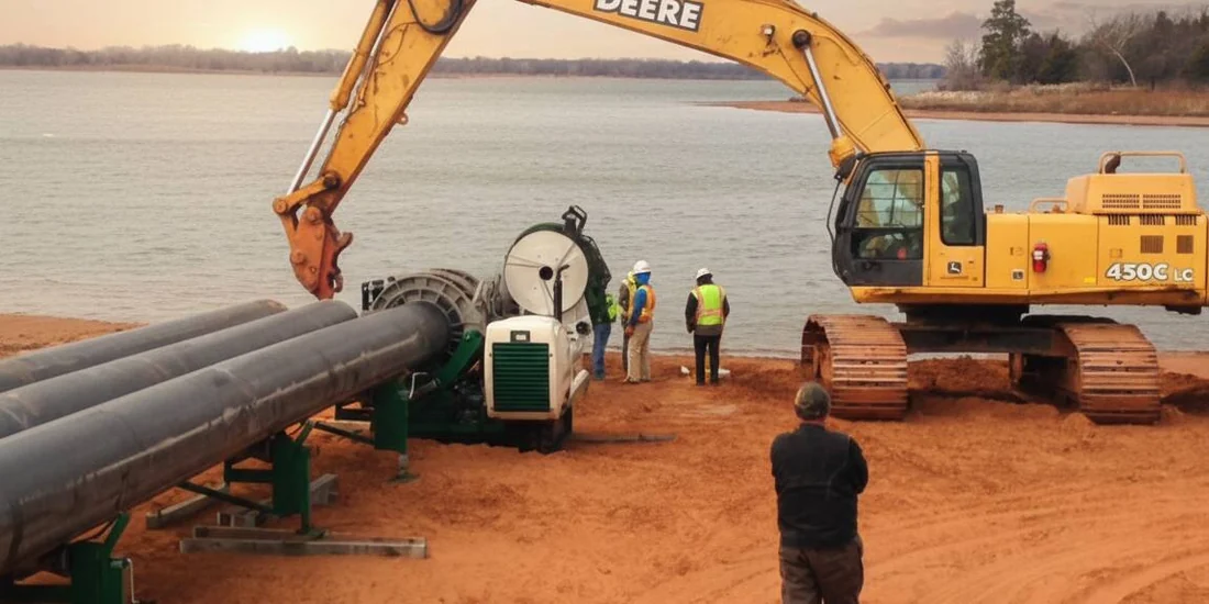 Crew fusing large-diameter HDPE pipe for a directional drilling crossing