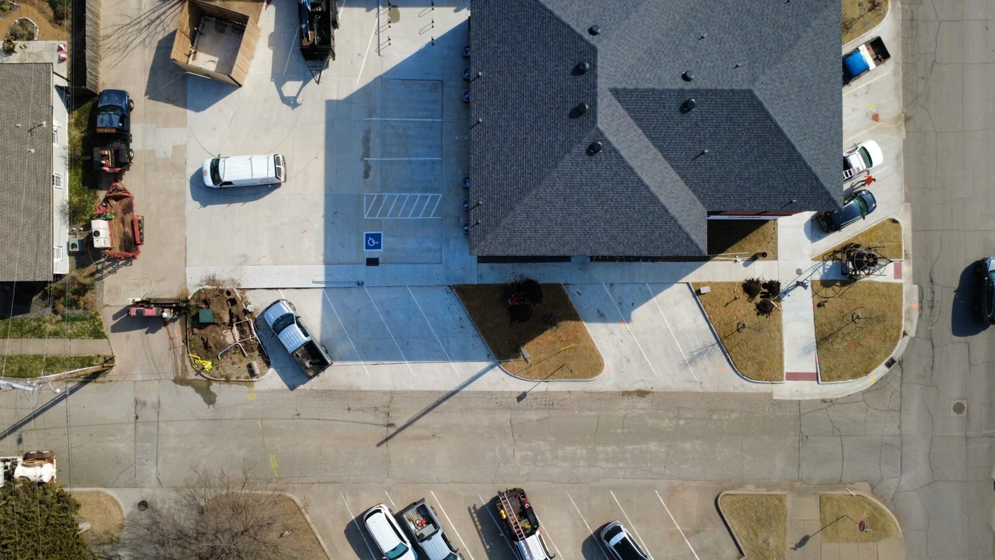 Drone overhead of a Dallas boring operation, showing full site organization