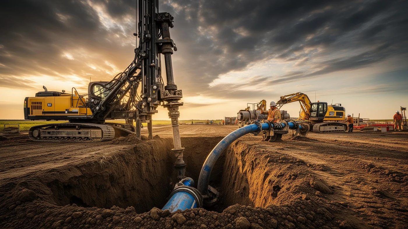 Directional boring crew and HDD rig working an open jobsite in the Dallas area